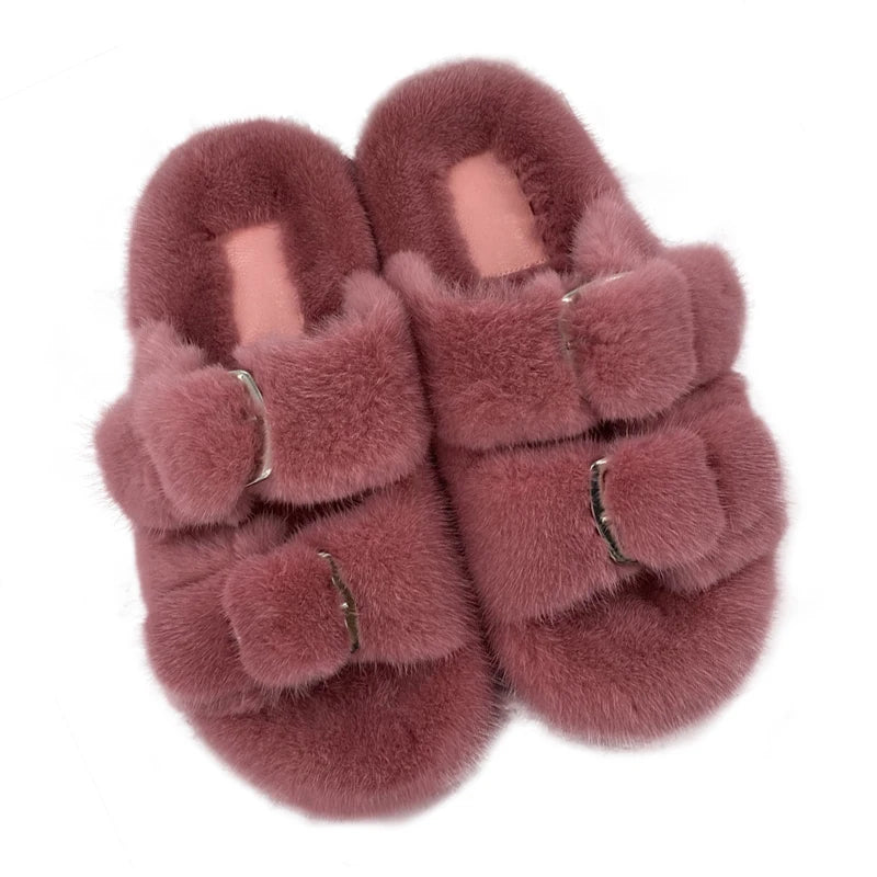 Wholesale Fashion Custom Winter Warm Luxury Fur Slippers Real Mink Fur Slides for Women Ladies Shoes