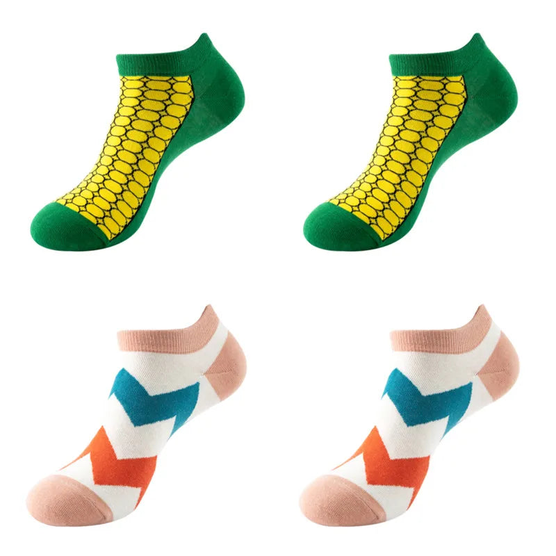 4 pairs Men's And Women's Latest Design Boat Socks Short Summer Socks Quality Business Geometric Lattice Colorful  Cotton Socks