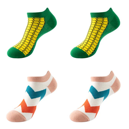 4 pairs Men's And Women's Latest Design Boat Socks Short Summer Socks Quality Business Geometric Lattice Colorful  Cotton Socks