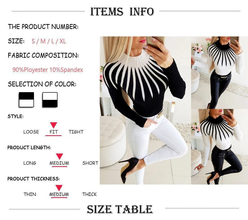 Fashion Bodycon Black White Women Pullover 2021 Autumn Winter Color Matching Knitting Female Turleneck Long Sleeve Sexy Sweater