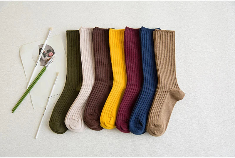 1 Pair Retro Women Cotton Loose Socks Autumn Winter Knitting Solid Color Long Black Korean Japanese Student Girls Stockings
