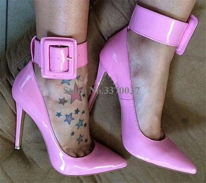 Ladies Charming Pink Patent Leather Pointed Toe Ankle Wrap Pumps Buckle Design Classical Style High Heels Formal Dress Shoes