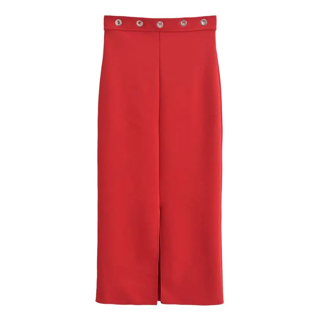Women 2025 Spring New Chic Fashion Stretch Mid-Waist Midi Skirt Vintage Casual Female Long Skirts Mujer