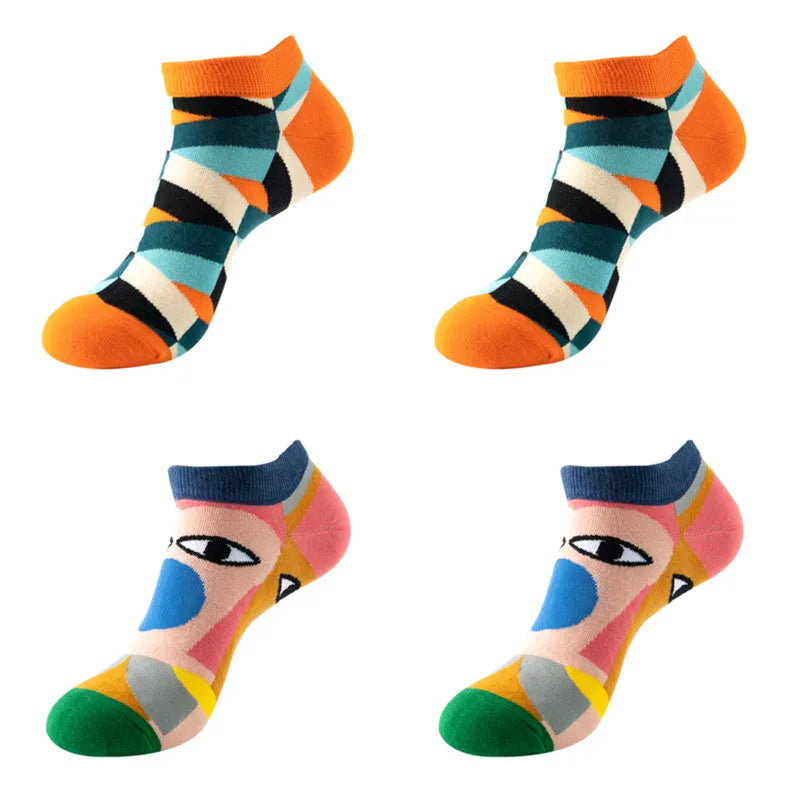 4 pairs Men's And Women's Latest Design Boat Socks Short Summer Socks Quality Business Geometric Lattice Colorful  Cotton Socks
