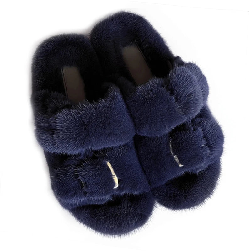 Wholesale Fashion Custom Winter Warm Luxury Fur Slippers Real Mink Fur Slides for Women Ladies Shoes