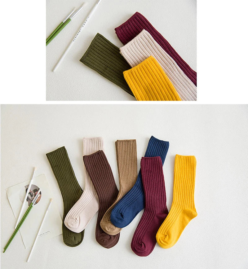 1 Pair Retro Women Cotton Loose Socks Autumn Winter Knitting Solid Color Long Black Korean Japanese Student Girls Stockings