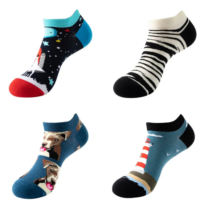 4pairs Funny animal Combed Cotton Fashion Hip Hop Man woman Oil Painting Socks Harajuku Skateboard outer space Happy love Socks