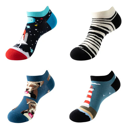 4pairs Funny animal Combed Cotton Fashion Hip Hop Man woman Oil Painting Socks Harajuku Skateboard outer space Happy love Socks