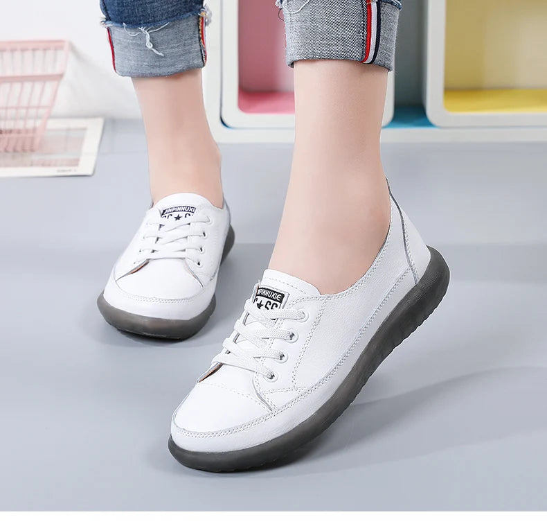 Women's Genuine Leather Sneakers Women Casual Fashionable Sports Shoes Vulcanized Woman Summer Flat Shoe Ladies White 40