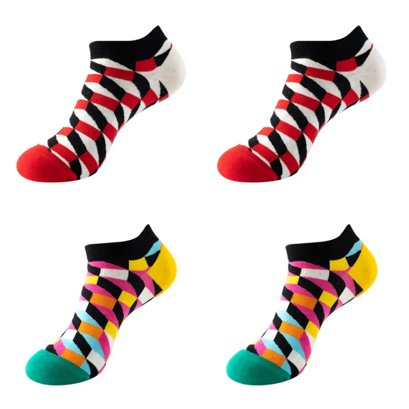 4 pairs Men's And Women's Latest Design Boat Socks Short Summer Socks Quality Business Geometric Lattice Colorful  Cotton Socks