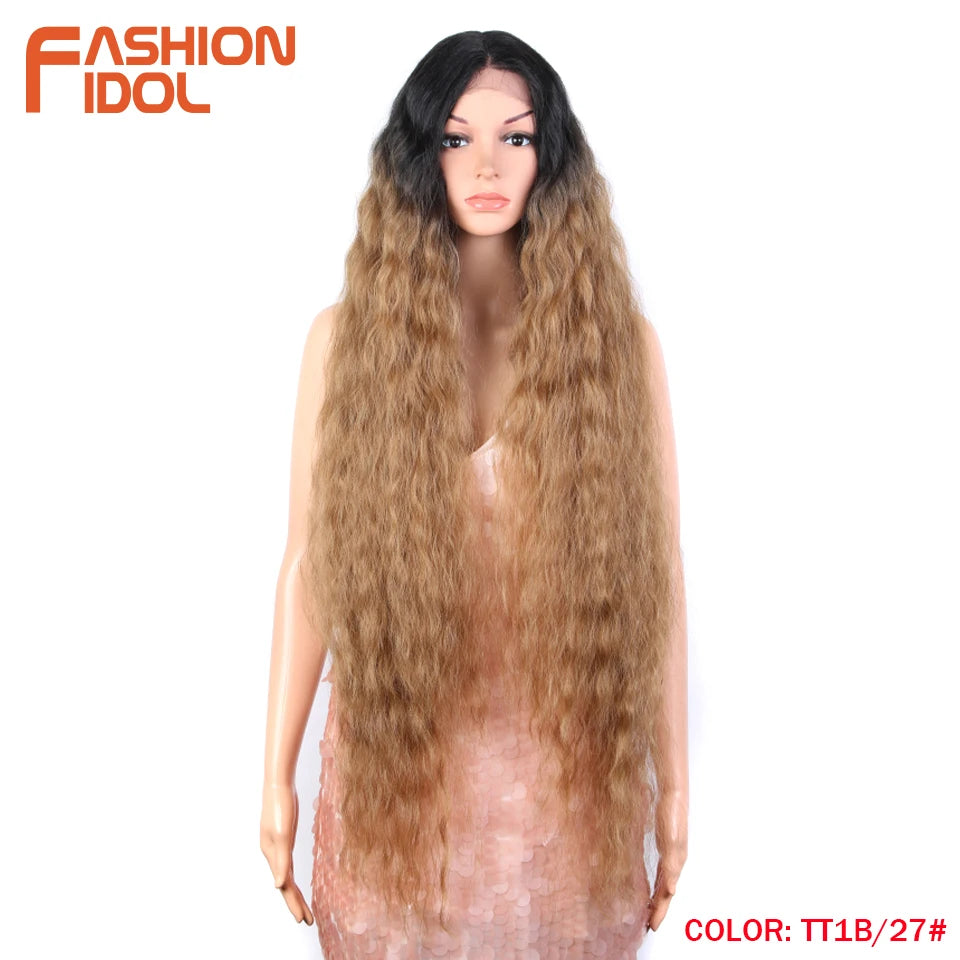 FASHION IDOL 42" Loose Wave Lace Front Wig Hair Synthetic Wigs For Women Ombre Blonde Water Wavy Long Curly Hair Wig Cosplay