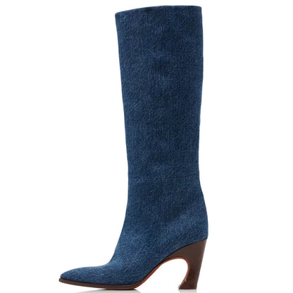 Fancy Design Heels Snake Print Women Leather Knee High Boots Dark Denim Big Size 44 Long Booties Custom Logo Ladies Shoes
