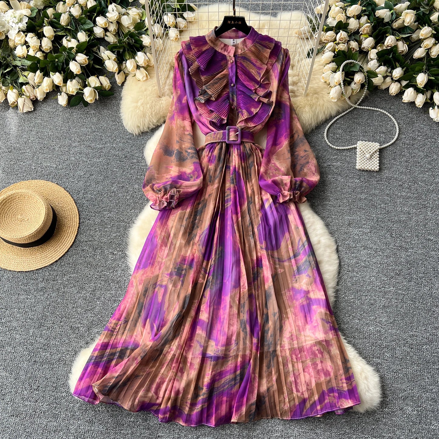 LE2639 Oil Print Midi Dress Lady French Vintage Elegant Dress Women'S Plicated Splicing Long Sleeve Waist Print Chiffon Dresses