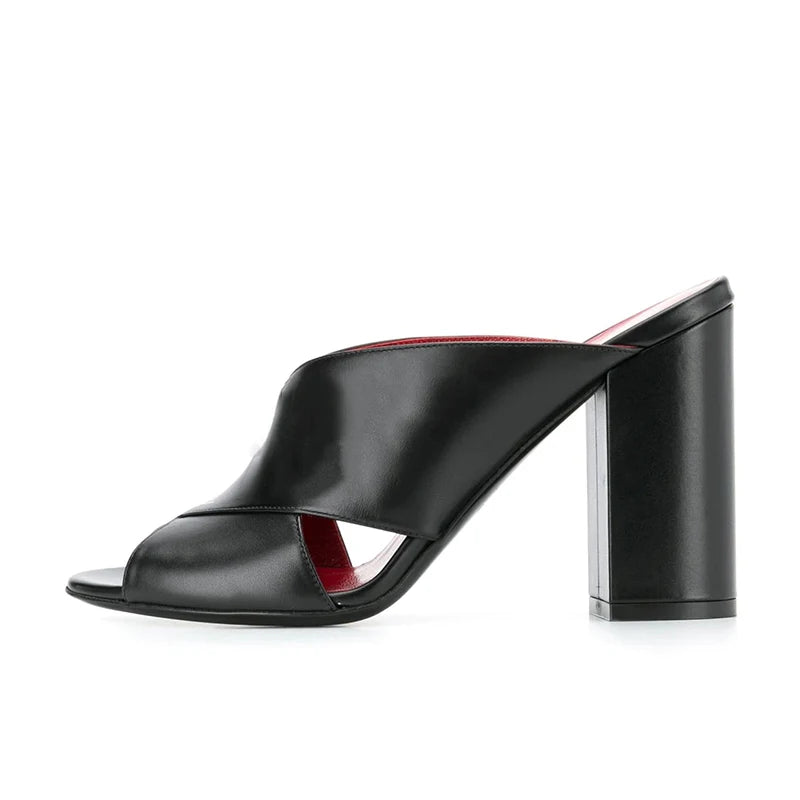 Plus Size Black PU Leather Ladies Shoes Peep Toe Chunky High Heels Mules Women Slippers With Heel Sandals