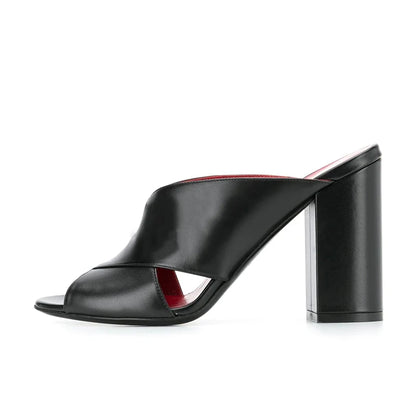 Plus Size Black PU Leather Ladies Shoes Peep Toe Chunky High Heels Mules Women Slippers With Heel Sandals