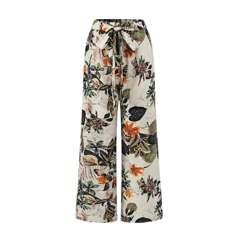 Women Long Pants 2024 Spring Fashion High Waist Drawstring Straight Loose Pants Vintage Printed Casual Ladies Wide-Leg Pant