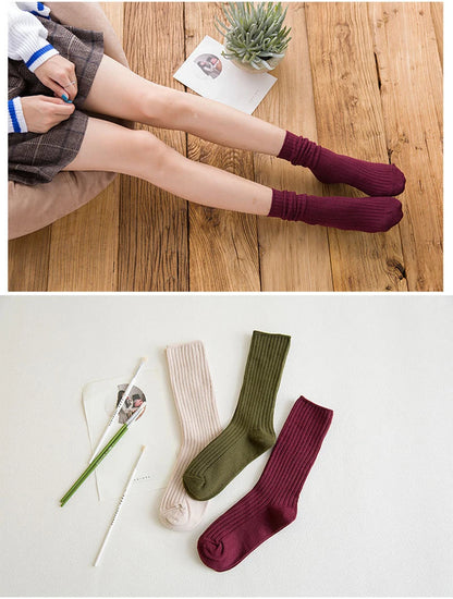 1 Pair Retro Women Cotton Loose Socks Autumn Winter Knitting Solid Color Long Black Korean Japanese Student Girls Stockings