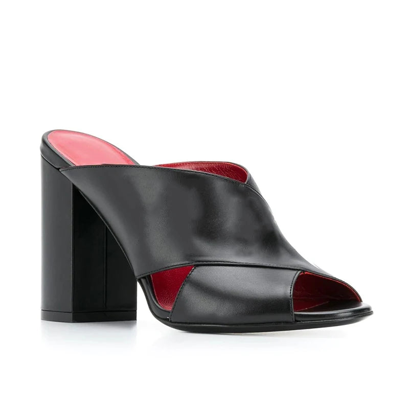 Plus Size Black PU Leather Ladies Shoes Peep Toe Chunky High Heels Mules Women Slippers With Heel Sandals
