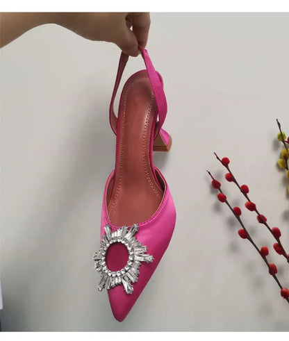Brand Women Pumps Luxury Crystal Slingback High Heels Summer Bride Shoes Comfortable Triangle Heeled Party Wedding Shoes