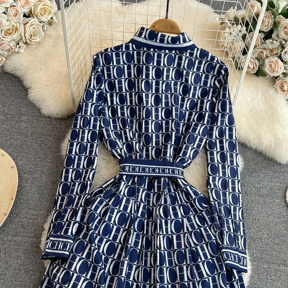 Autumn Korean Version Mature Style Retro Elegant Turtleneck Ultra High Waist Waist-Cinching Slimming Printed BASICS Shirt Dress