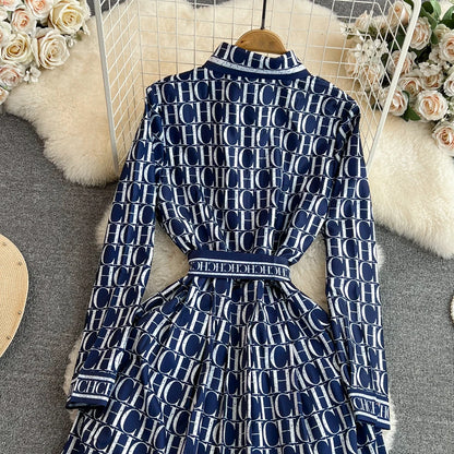 Autumn Korean Version Mature Style Retro Elegant Turtleneck Ultra High Waist Waist-Cinching Slimming Printed BASICS Shirt Dress