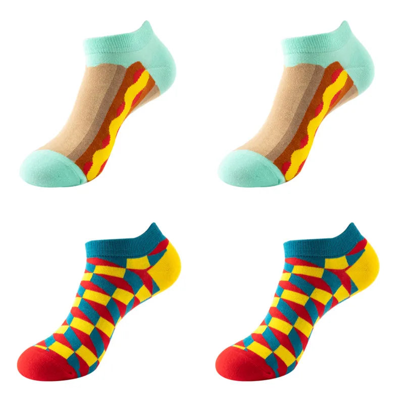4 pairs Men's And Women's Latest Design Boat Socks Short Summer Socks Quality Business Geometric Lattice Colorful  Cotton Socks