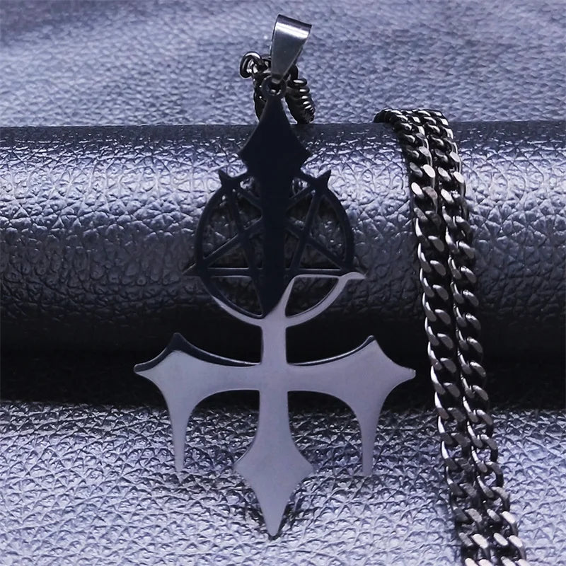 Goth Pentagram Sigil Satan Cross Necklace for Men Stainless Steel Black Y2k Gothic Star Lucifer Jewelry Halloween Gift N3002