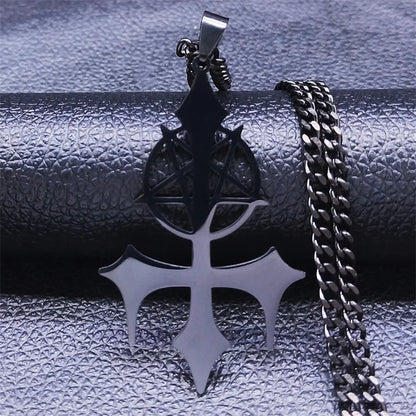 Goth Pentagram Sigil Satan Cross Necklace for Men Stainless Steel Black Y2k Gothic Star Lucifer Jewelry Halloween Gift N3002