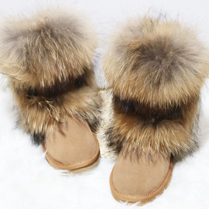 New Arrival 2025 Non-slip Fox Fur Woman Winter Snow Boots Women's Shoes Genuine Leather Natural Women's Snow Boots Thick Plush
