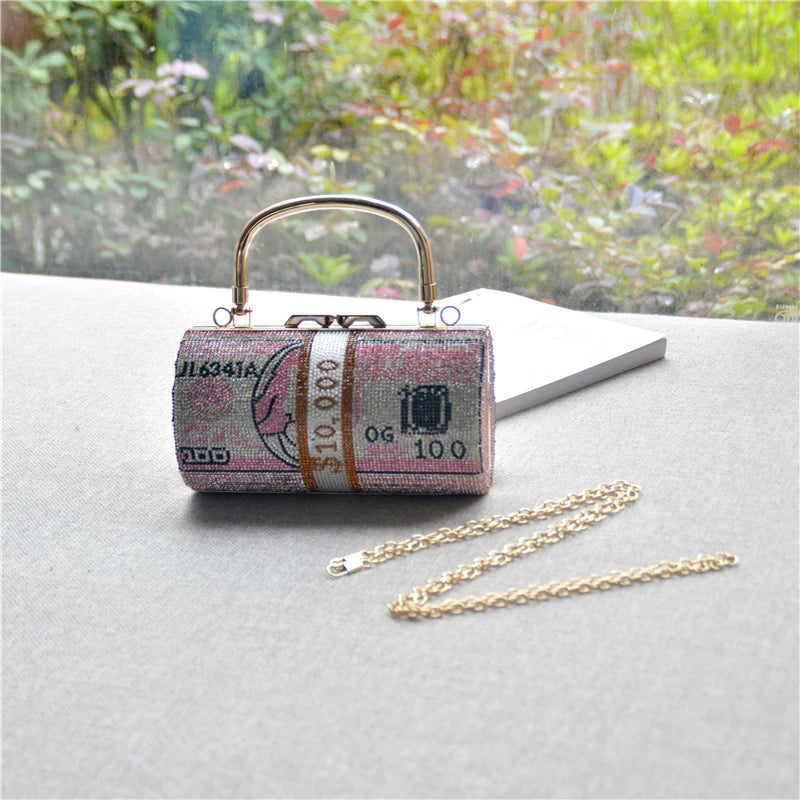 Luxury Money Clutch Rhinestone Purse 10000 Dollars Stack of Cash Evening Handbags Shoulder Wedding Dinner Bag 8 Color Wallet