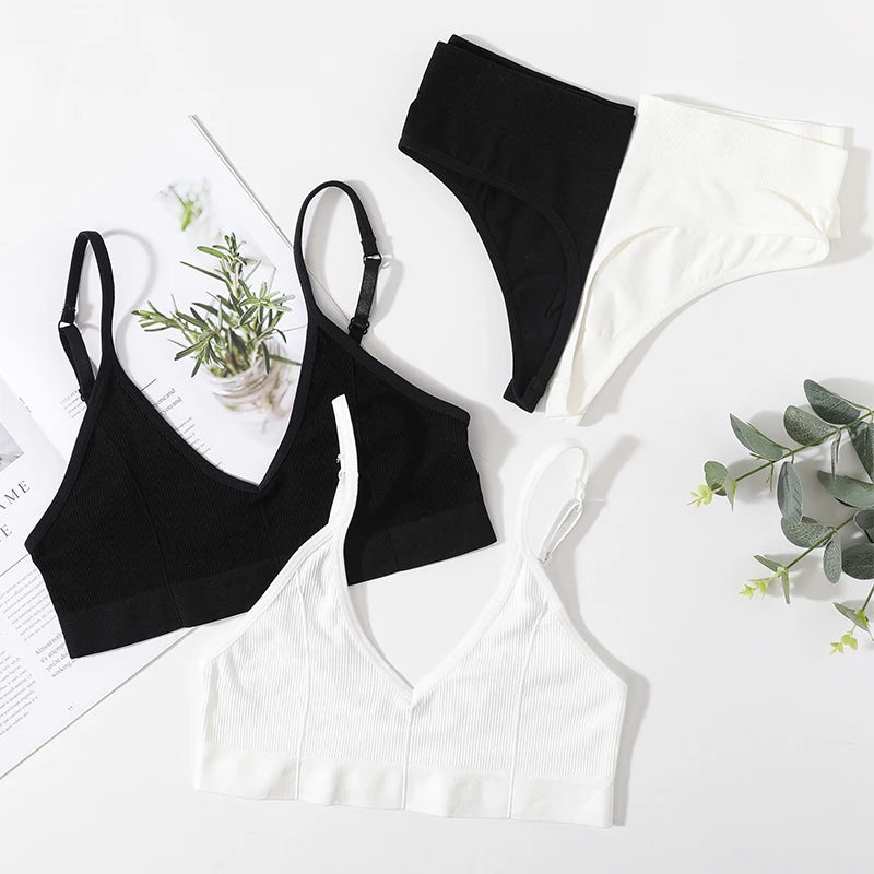 Women Bra Set Seamless Bra V Neck Tops High Waist Thongs Underwear Bralette Comfort Wire Free Brassiere Lingerie Set
