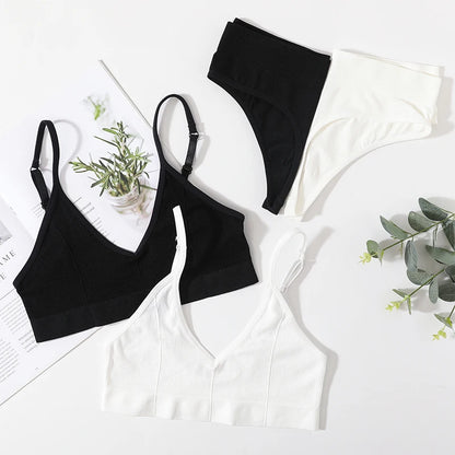 Women Bra Set Seamless Bra V Neck Tops High Waist Thongs Underwear Bralette Comfort Wire Free Brassiere Lingerie Set