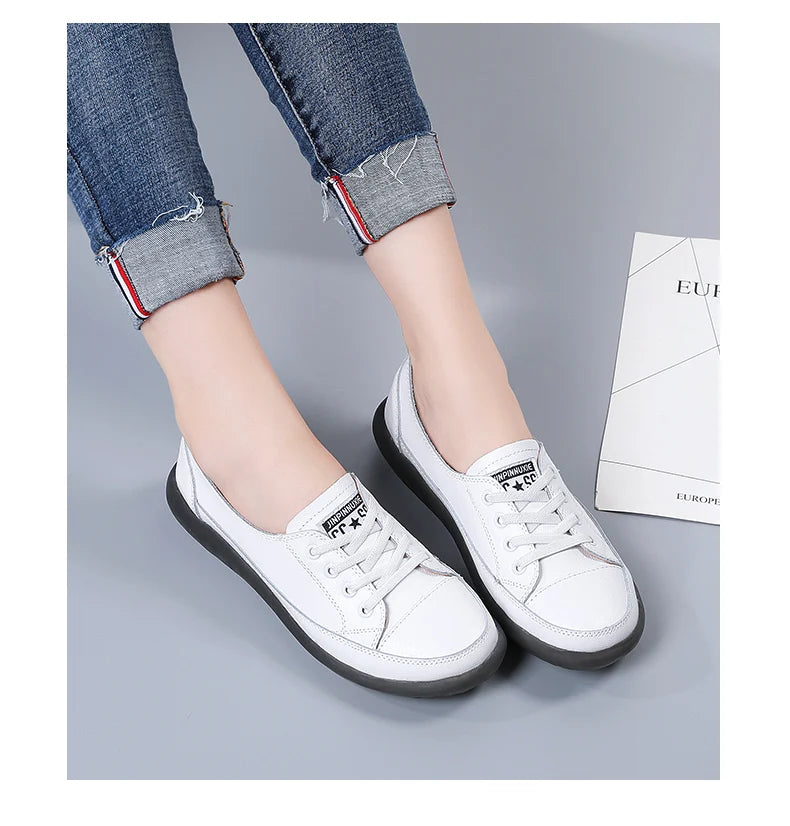 Women's Genuine Leather Sneakers Women Casual Fashionable Sports Shoes Vulcanized Woman Summer Flat Shoe Ladies White 40