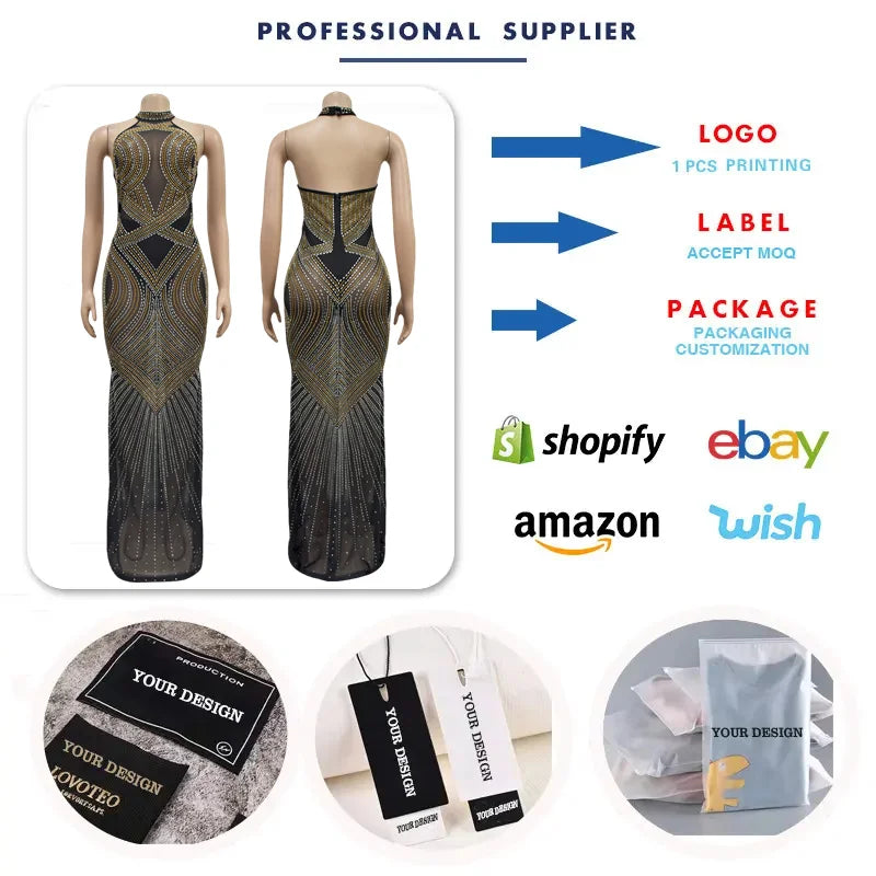 C6811 Luxury Mermaid Evening Dresses Women Solid Color Mesh Rhinestone Halter Backless Long Dress Women Party Dress