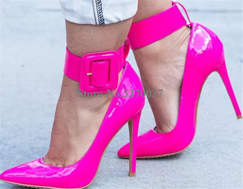 Ladies Charming Pink Patent Leather Pointed Toe Ankle Wrap Pumps Buckle Design Classical Style High Heels Formal Dress Shoes
