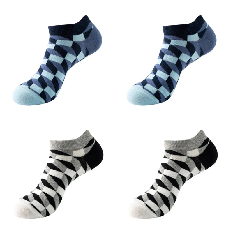 4 pairs Men's And Women's Latest Design Boat Socks Short Summer Socks Quality Business Geometric Lattice Colorful  Cotton Socks