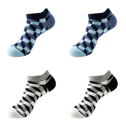 4 pairs Men's And Women's Latest Design Boat Socks Short Summer Socks Quality Business Geometric Lattice Colorful  Cotton Socks