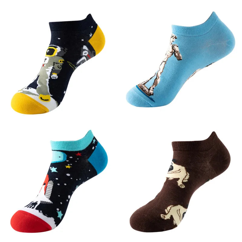 4pairs Funny animal Combed Cotton Fashion Hip Hop Man woman Oil Painting Socks Harajuku Skateboard outer space Happy love Socks