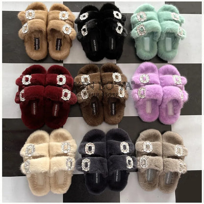 Summer Women Mink Fur Slippers Woman Luxury 2026 Women's Sandals Outdoor Fashion Casual Shoes Fur Mule Shoes Opentoed Slides