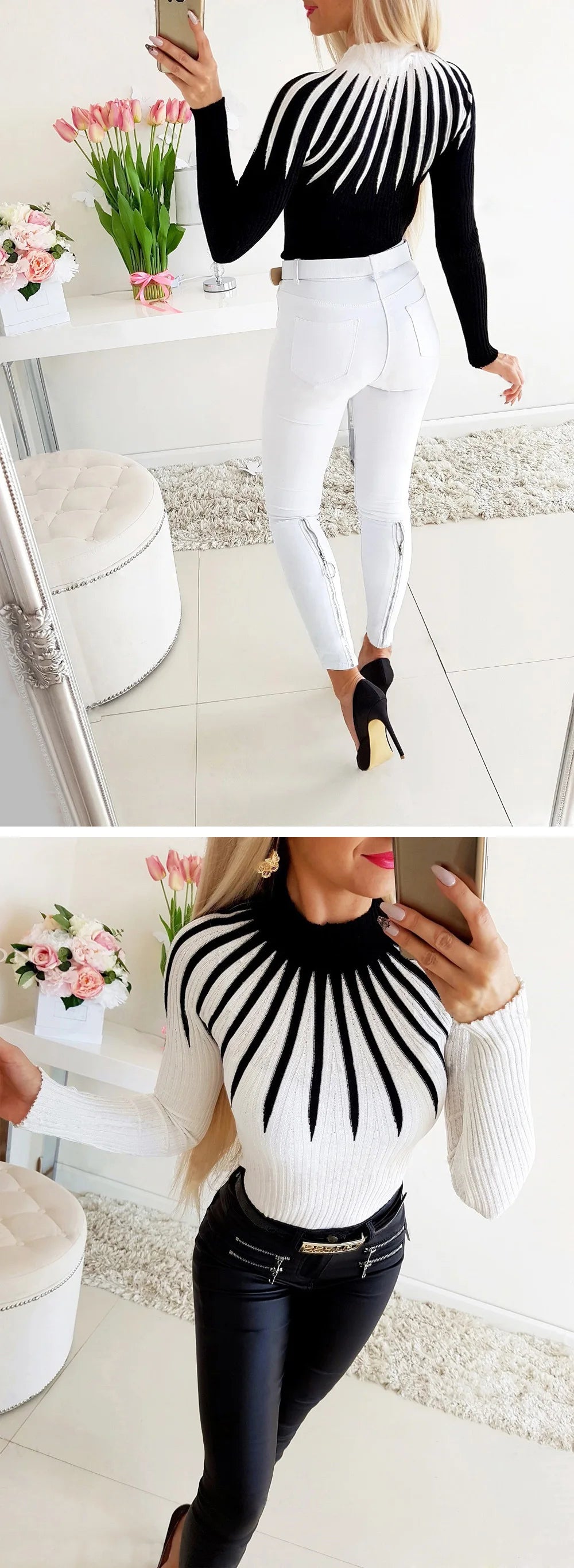 Fashion Bodycon Black White Women Pullover 2021 Autumn Winter Color Matching Knitting Female Turleneck Long Sleeve Sexy Sweater