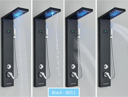 LED Shower Panel Tower System Rain Waterfall Shower Column Hydroelectricity LCD Display With Massage Body Spa Bath Shower Faucet
