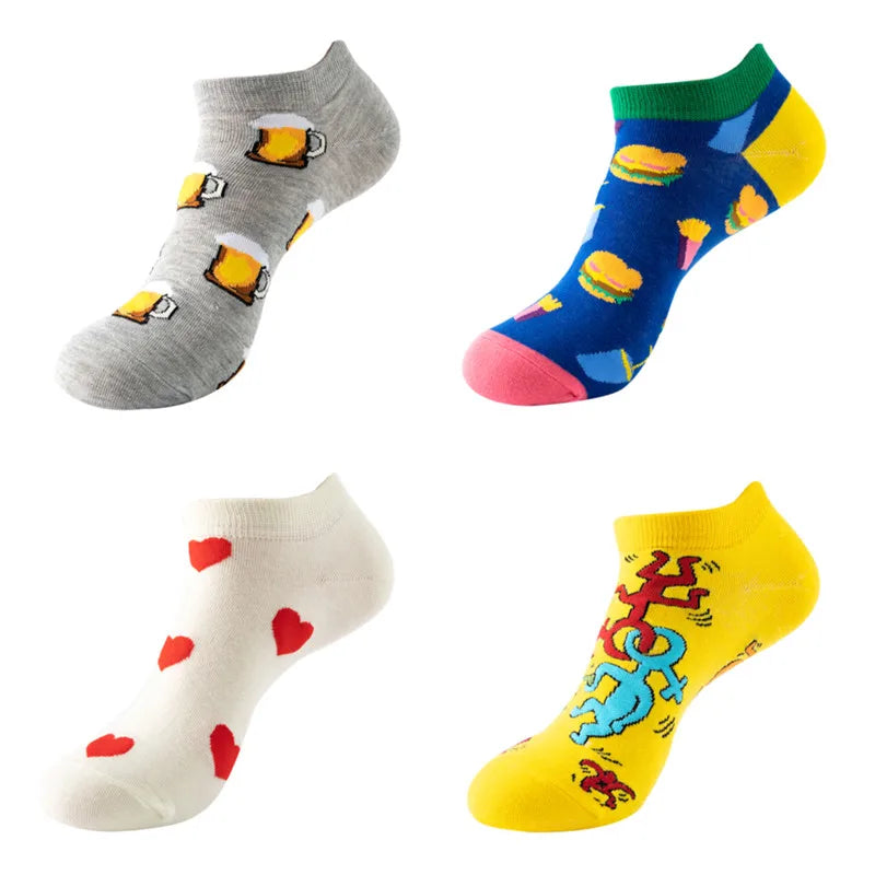 4pairs Funny animal Combed Cotton Fashion Hip Hop Man woman Oil Painting Socks Harajuku Skateboard outer space Happy love Socks