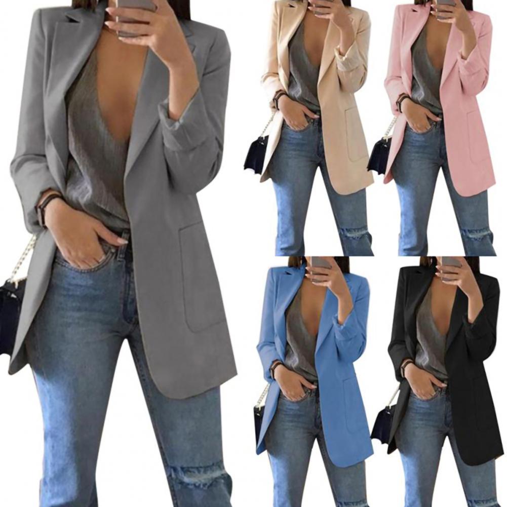 Summer Women Jacket Lapel All match Open Front Stylish Office Lady Slim Suit Overcoat Solid Color Long Blazer