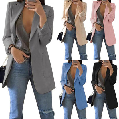 Summer Women Jacket Lapel All match Open Front Stylish Office Lady Slim Suit Overcoat Solid Color Long Blazer