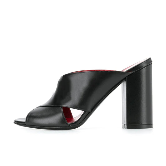 Plus Size Black PU Leather Ladies Shoes Peep Toe Chunky High Heels Mules Women Slippers With Heel Sandals