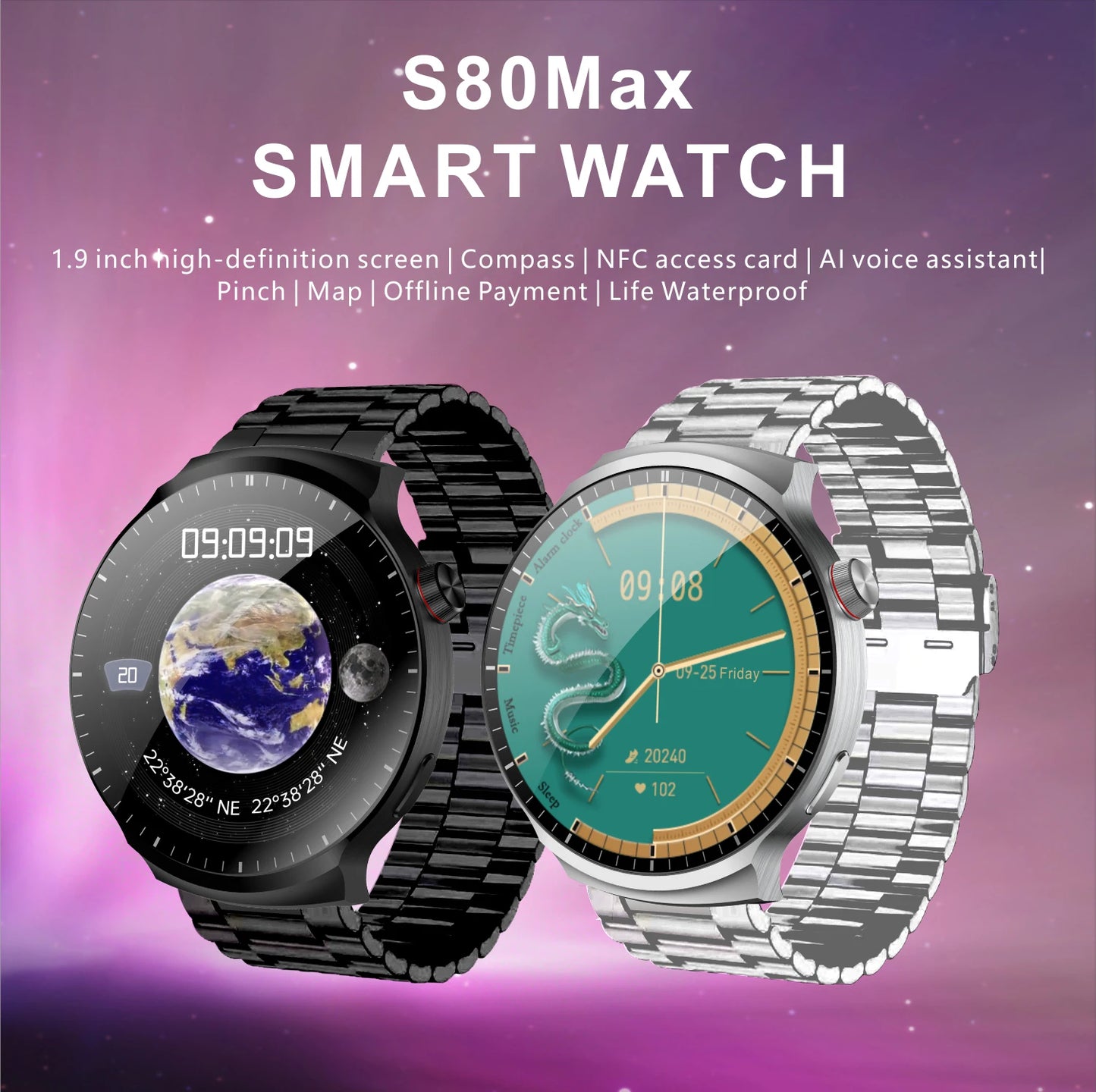 S80 MAX Men's Smart Watch 1.9inch Screen BT Call Wireless Charging Waterproof Sports Modes Blood Pressure NFC Smartwatch