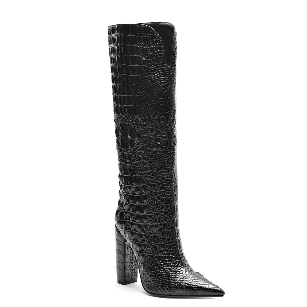 Custom Elegant Women's Knee High Heels Boots Hot Selling Pointed Toe Ladies Shoes with Chunky Heel for Winter