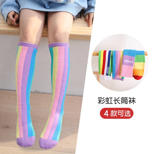 Spring autumn girls cotton ankle short lovely socks rainbow multicolor kids children Knee High Socks infant Baby Over Knee Socks