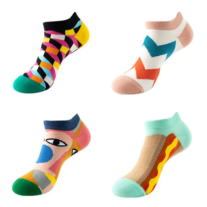 4 pairs Men's And Women's Latest Design Boat Socks Short Summer Socks Quality Business Geometric Lattice Colorful  Cotton Socks