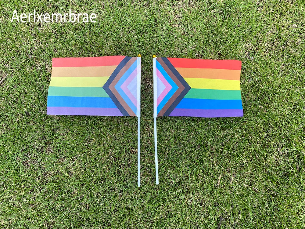 Aerxrbrae Custom Hand Flag 100Pcs 14*21Cm Plastic Stick Rainbow Gay Lesbian Homosexual Bisexual Pride Banner